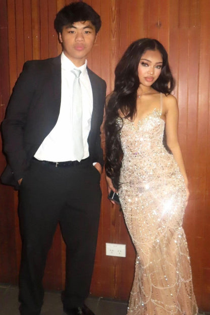 Luxury Champagne Beaded Mermaid Prom Dress Spaghetti Straps Corset