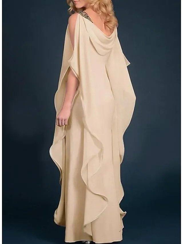 Sheath / Column Mother of the Bride Dress Elegant Jewel Neck Floor Length Chiffon Satin Half Sleeve with Beading Cascading Ruffles - RongMoon