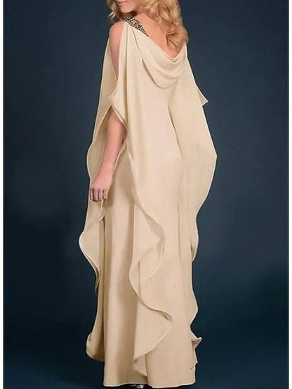 Sheath / Column Mother of the Bride Dress Elegant Jewel Neck Floor Length Chiffon Satin Half Sleeve with Beading Cascading Ruffles - RongMoon