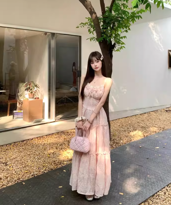 Cute A-Line Spaghetti Straps Lace-up Pleated Seaside Long Birthday Party Dress Women Dress Summer Dress HZ0319