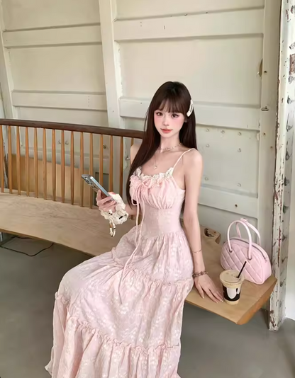 Cute A-Line Spaghetti Straps Lace-up Pleated Seaside Long Birthday Party Dress Women Dress Summer Dress HZ0319