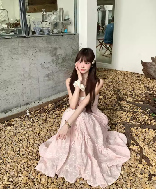 Cute A-Line Spaghetti Straps Lace-up Pleated Seaside Long Birthday Party Dress Women Dress Summer Dress HZ0319