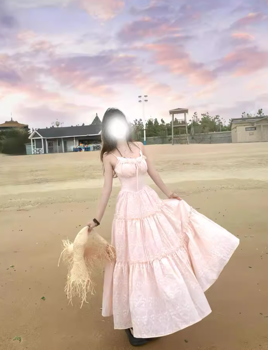 Cute A-Line Spaghetti Straps Lace-up Pleated Seaside Long Birthday Party Dress Women Dress Summer Dress HZ0319