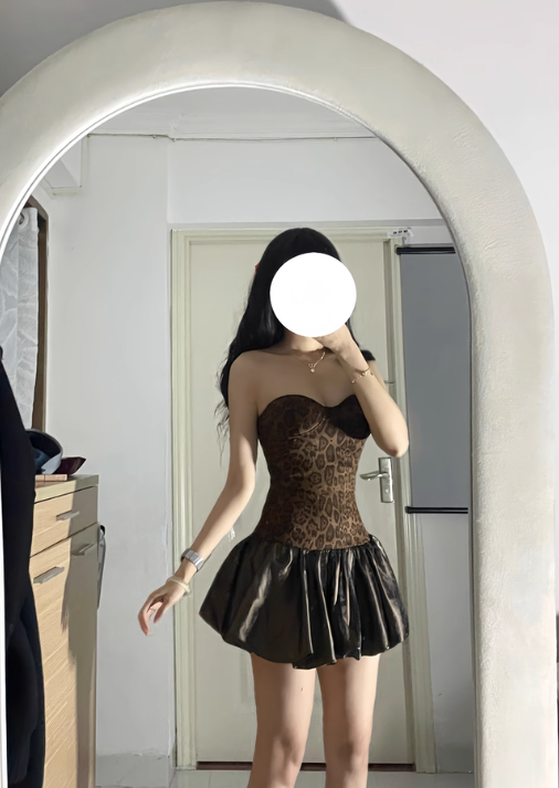 Sexy Sweetheart Neckline Leopard print Pleated Birthday Party Dress Short Outfits Dress Cocktail Dress HZ0319