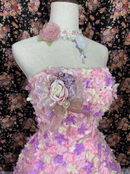Cute Strapless Floral Tiered Ruffle Birthday Party Dress Quinceanera Dress Prom Dress Evening Dress HZ0319