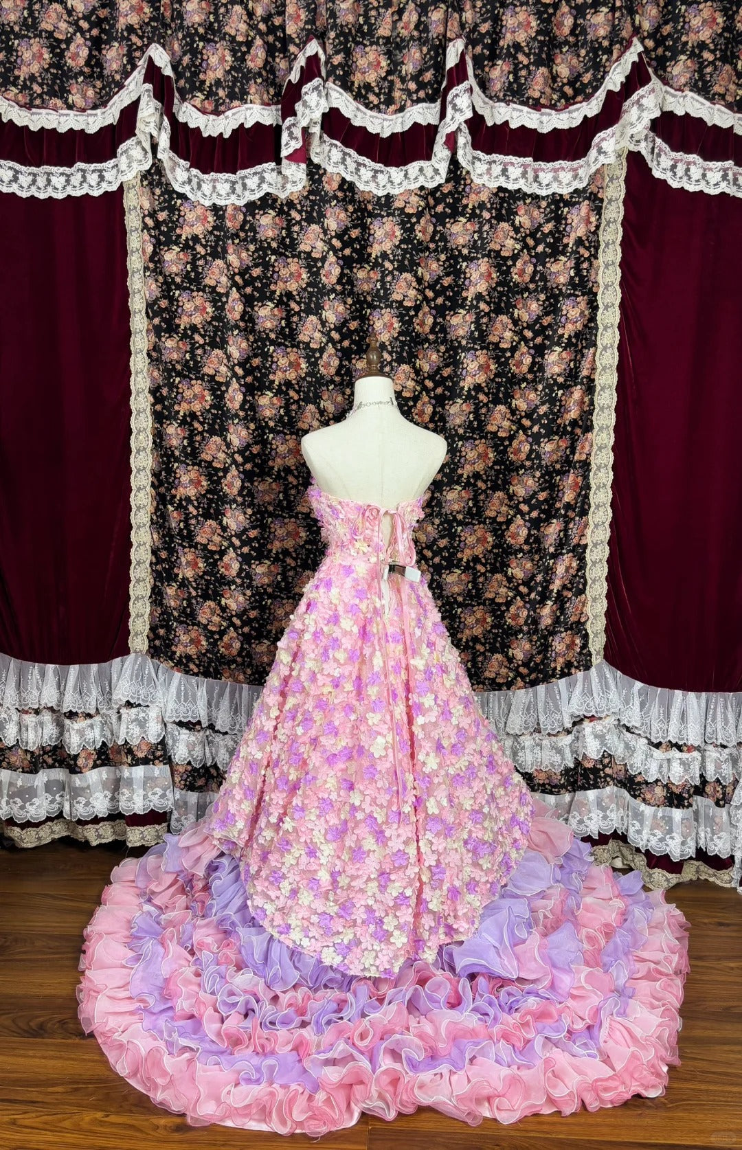 Cute Strapless Floral Tiered Ruffle Birthday Party Dress Quinceanera Dress Prom Dress Evening Dress HZ0319