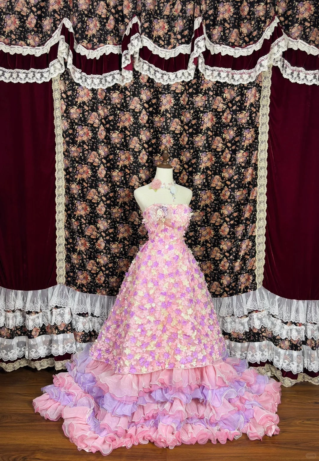 Cute Strapless Floral Tiered Ruffle Birthday Party Dress Quinceanera Dress Prom Dress Evening Dress HZ0319