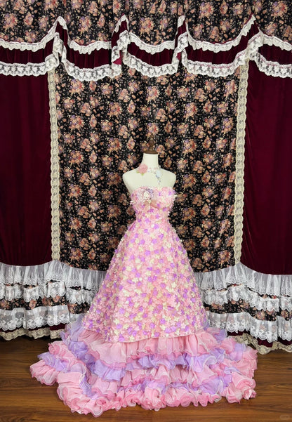 Cute Strapless Floral Tiered Ruffle Birthday Party Dress Quinceanera Dress Prom Dress Evening Dress HZ0319