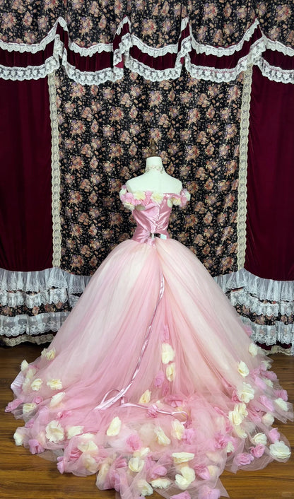 Sweet Strapless Flower Pleated Tulle Ball Gown Birthday Dress Quinceanera Dress Prom Dress Evening Dress HZ0319