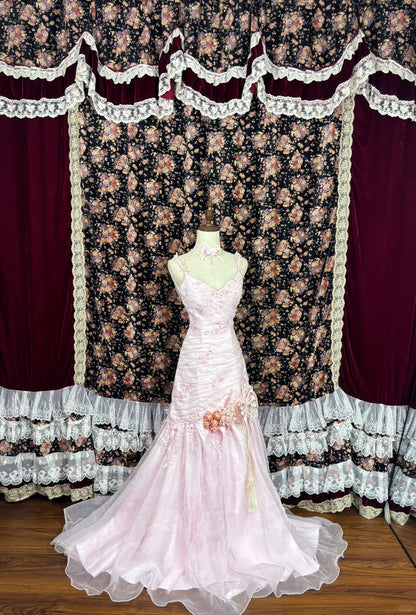 Sweet Spaghetti Straps Embroidered Flower Pleated Tulle Ruffle Prom Dress Birthday Party Dress Quinceanera Dress Evening Dress HZ0319