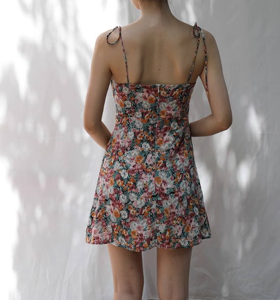 Cute A Line Spaghetti Straps Oil Painting Floral Short Skirt Party Dress Women Summer Vacation Dress HZ0319