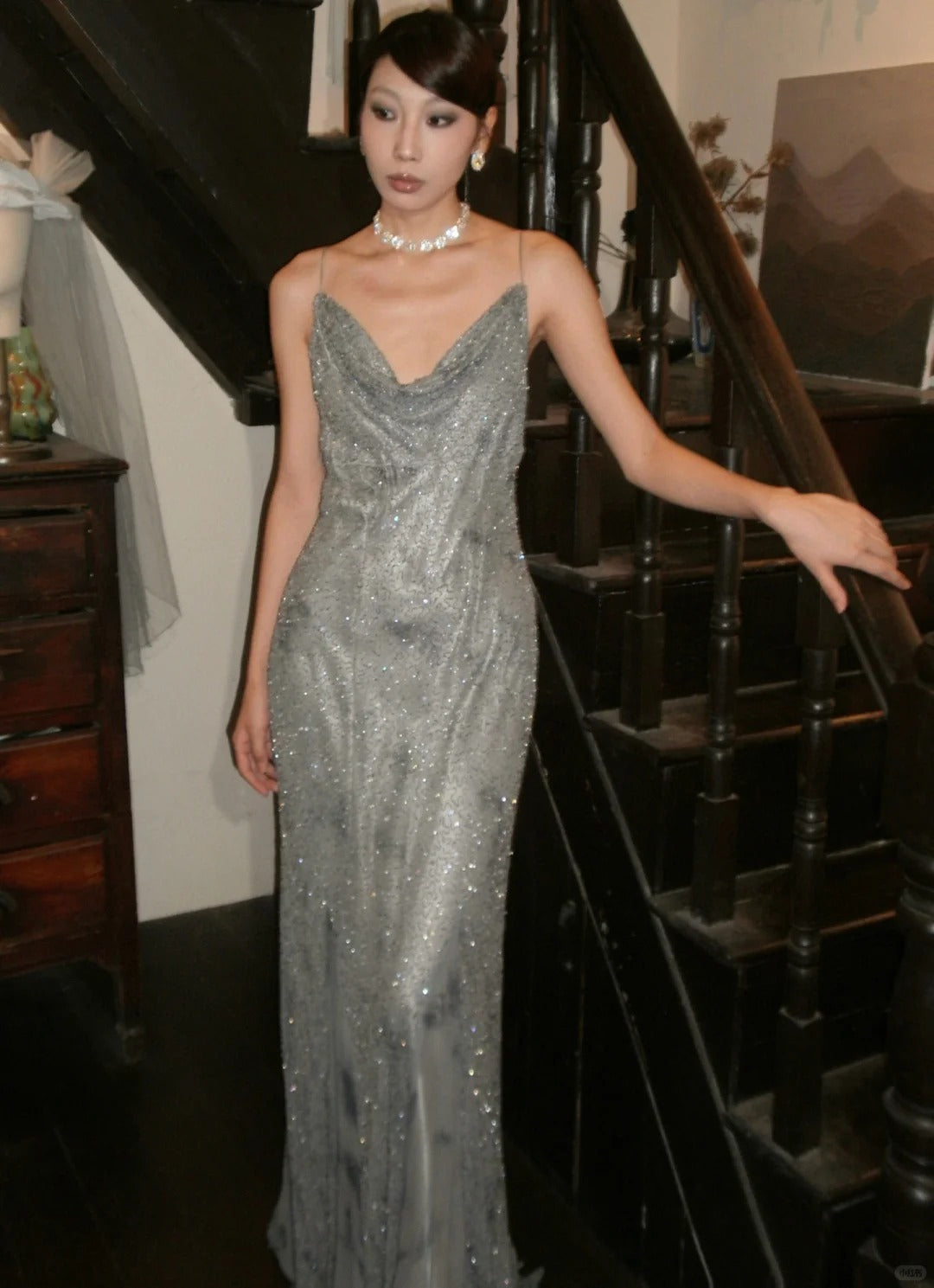 Shiny Spaghetti Straps Floor Length Prom Dress Birthday Party Dress Evening Dress HZ0319