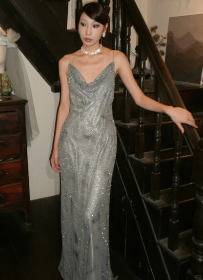 Shiny Spaghetti Straps Floor Length Prom Dress Birthday Party Dress Evening Dress HZ0319