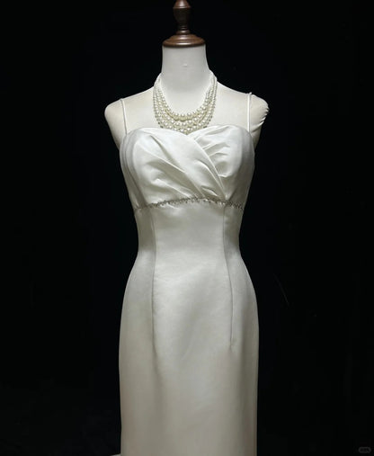 Elegant Spaghetti Straps Pleated Satin Floor Length Prom Dress Evening Dress Birthday Party Dress HZ0319