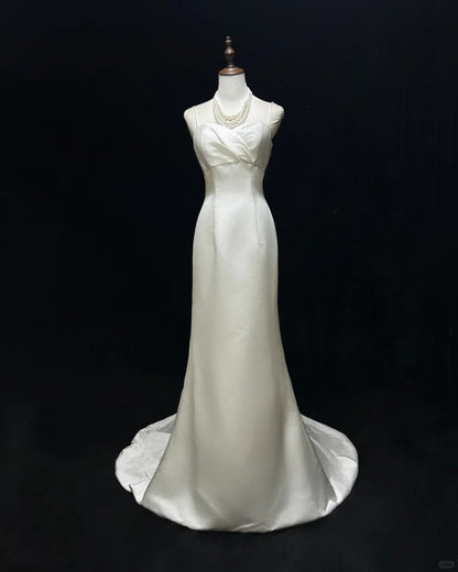 Elegant Spaghetti Straps Pleated Satin Floor Length Prom Dress Evening Dress Birthday Party Dress HZ0319