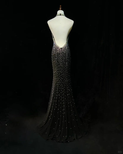 Shiny Halter Rhinestone Pleated Mermaid Prom Dress Evening Dress Birthday Gala Dress HZ0319