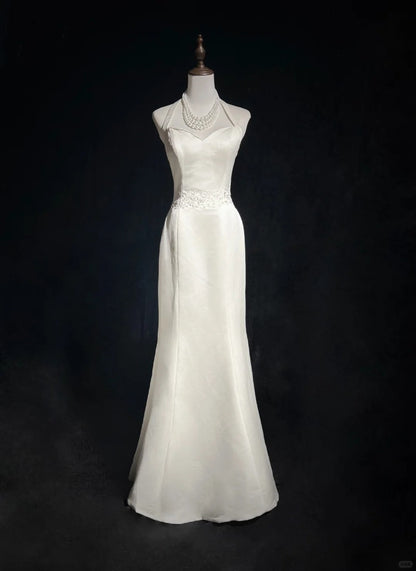 Beauty Halter Embroidered Floor Length Prom Wedding Dress Evening Dress Party Dress HZ0319