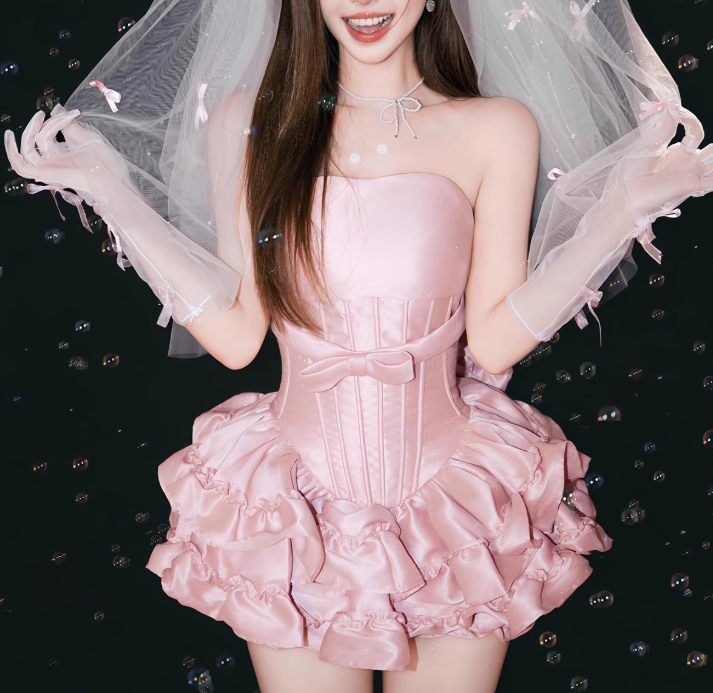 Charming Pink Strapless Ruffle Short Prom Dress Back to School Outfits Homecoming Dress Sweet 16 Dress Party Dress HZ0319