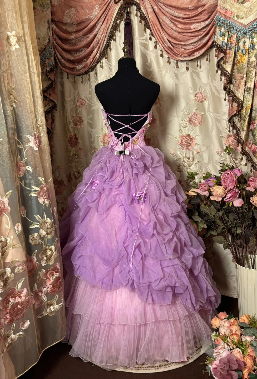Sweet Prom Dress Strapless Flower Pleated Ball Gown Evening Dress Party Birthday Dress HZ0319