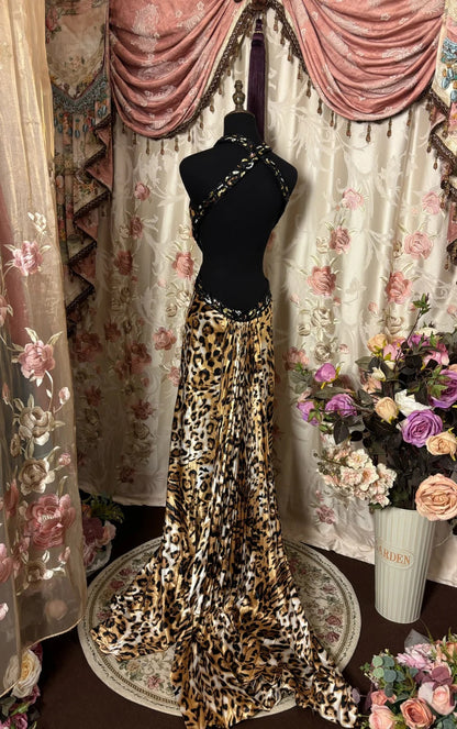 Sexy Prom Dress Halter Backless Leopard Print Long Prom Dress Evening Dress Gala Dress Party Dress HZ0319
