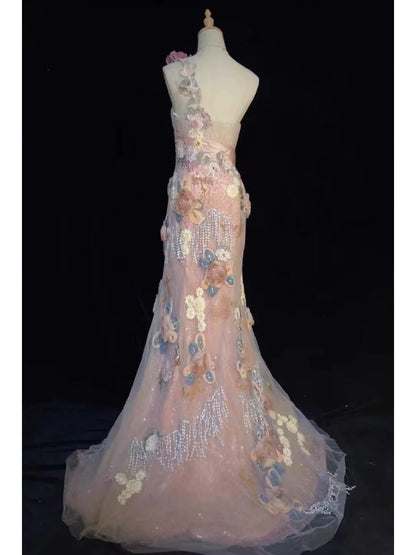 Romantic Prom Dress One Shoulder Flower Prom Gown Evening Dress Gala Dress Birthday Party Dress HZ0319