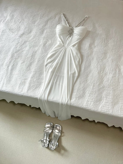 Elegant Prom Dress White Spaghetti Straps Crystal Pleated Prom Dress Party Dress HZ0319