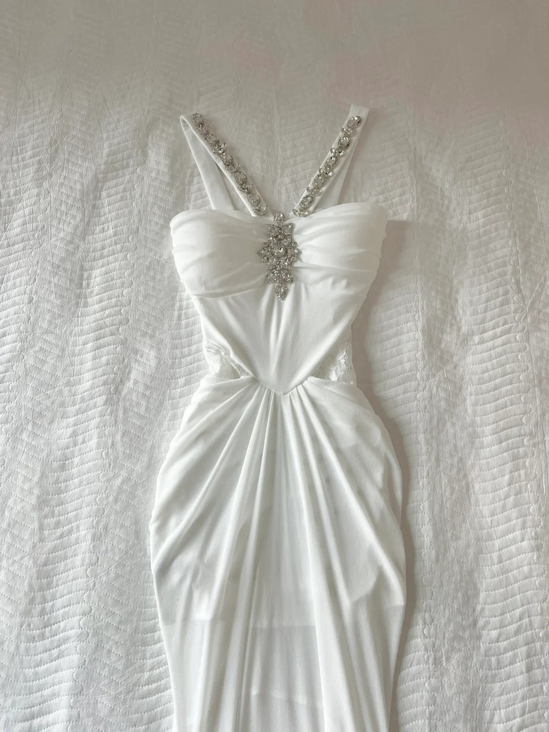 Elegant Prom Dress White Spaghetti Straps Crystal Pleated Prom Dress Party Dress HZ0319