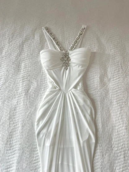 Elegant Prom Dress White Spaghetti Straps Crystal Pleated Prom Dress Party Dress HZ0319