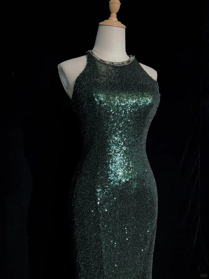Shiny Prom Dress Crew Neck Sequins Slit Prom Dress Birthday Party Dress Evening Dresses HZ0319