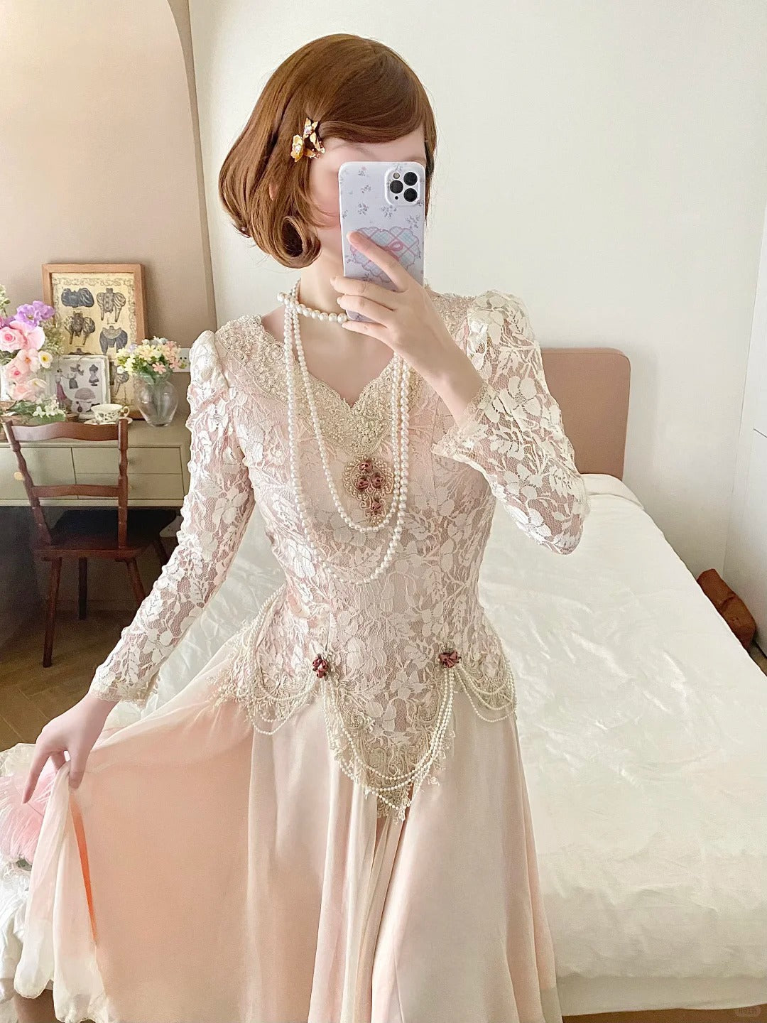 Elegant Prom Dress V-neck Pleated Lace Date Dress Party Dress HZ0319