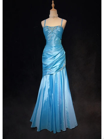 Charming Prom Dress Blue Spaghetti Straps Pleated Mermaid Evening Dress Gala Dress Party Dress HZ0319