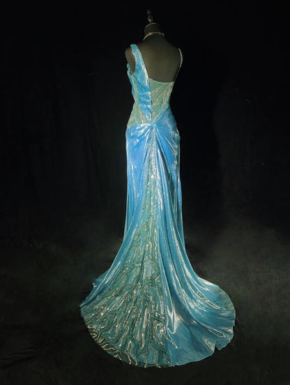 Shiny Prom Dress Asymmetrical Neck Pleated Evening Dress Gala Dress Party Dress HZ0319