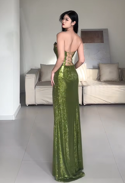 Shiny Prom Dress Green Strapless Pleated Slit Evening Dress Gala Dress Party Dress HZ0319