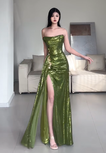 Shiny Prom Dress Green Strapless Pleated Slit Evening Dress Gala Dress Party Dress HZ0319