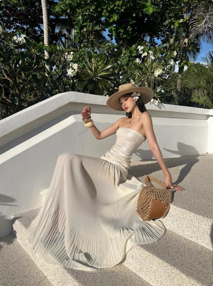 Shiny Women Dress Strapless Pleated Party Dress Summer Date Dress Vacation Dress HZ0319