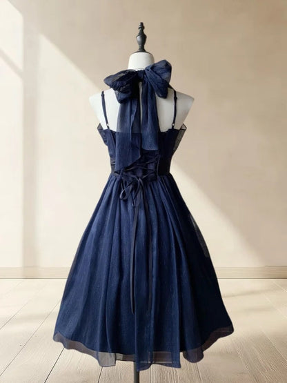 Beauty Homecoming Dress Navy Blue A Line Halter Pleated Short Prom Dress Party Dress Casual Dress HZ0319