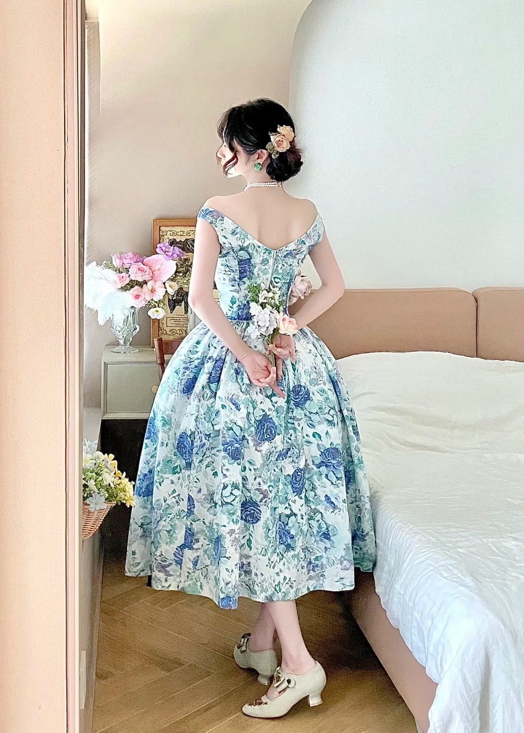Beauty Prom Dress Off Shoulder Pleated Print Evening Dress Birthday Party Dress Gala Dress HZ0319