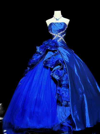 Charming Prom Dress Blue Strapless Ruffle Ball Gown Evening Dress Birthday Party Dress HZ0319