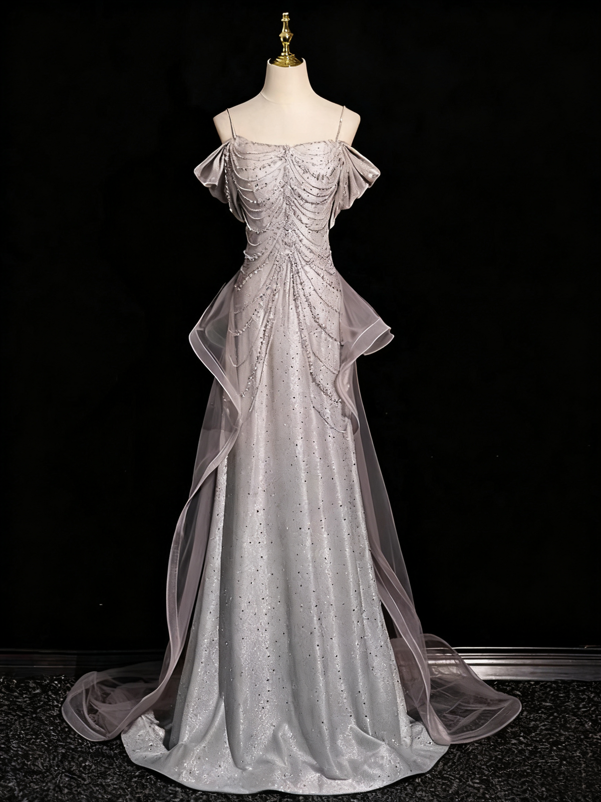 Shiny Prom Dress A Line Spaghetti Straps Tulle Birthday Party Outfits Evening Gown HZ0319