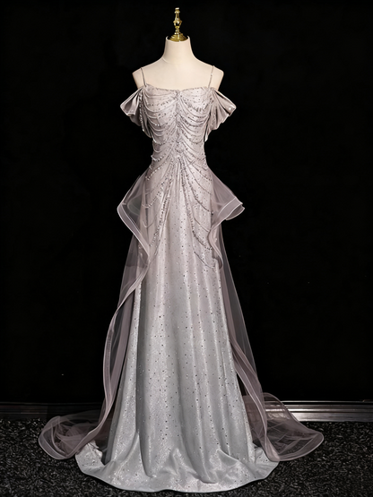 Shiny Prom Dress A Line Spaghetti Straps Tulle Birthday Party Outfits Evening Gown HZ0319