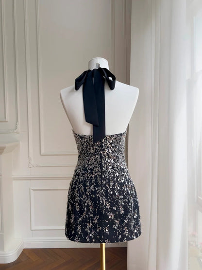 Shiny Homecoming Dress Black A Line Halter Short Prom Dress Birthday Party Outfits Cocktail Dress HZ0319