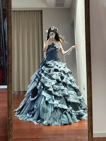 Charming Prom Dress Strapless Tiered Pleated Ball Gown Birthday Party Dresss HZ0319