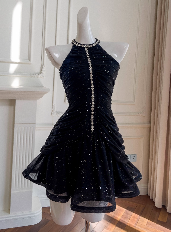 Shiny Homecoming Dress Black Crew Neck Pleated Short Prom Dress Birthday Party Outfits HZ0319