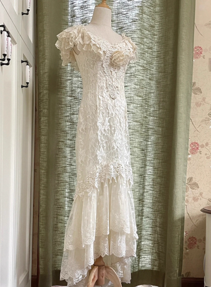 Vintage Wedding Dress Crew Neck Lace Pleated Wedding Dress HZ0319