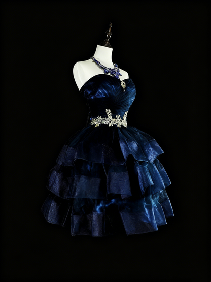 Newest Homecoming Dress Dark Blue Sweetheart Pleated Tiered Short Prom Dress Evening Dress Birthday Party Outfits HZ0319