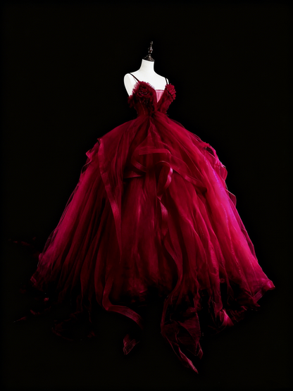 Charming Prom Dress Wine Red Spaghetti Straps Pleated Tulle Ball Gown Evening Dress Birthday Dress HZ0319