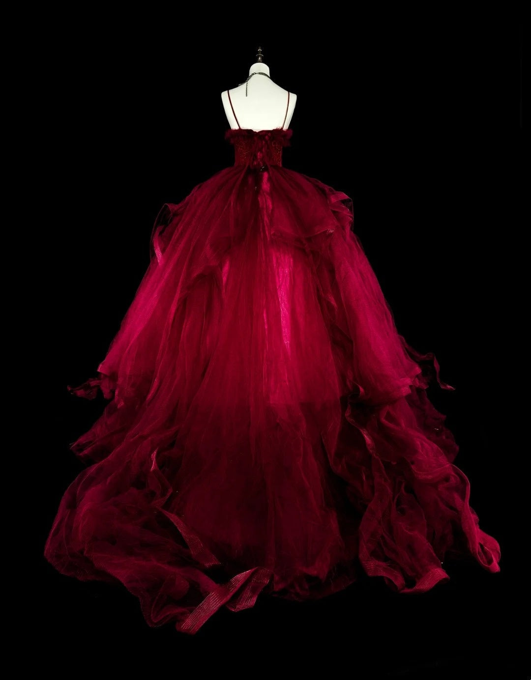 Charming Prom Dress Wine Red Spaghetti Straps Pleated Tulle Ball Gown Evening Dress Birthday Dress HZ0319