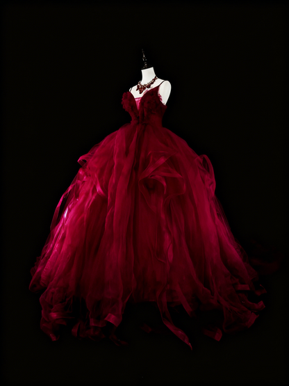 Charming Prom Dress Wine Red Spaghetti Straps Pleated Tulle Ball Gown Evening Dress Birthday Dress HZ0319
