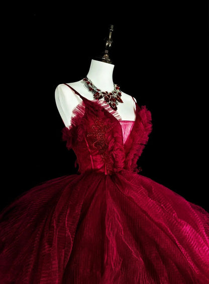Charming Prom Dress Wine Red Spaghetti Straps Pleated Tulle Ball Gown Evening Dress Birthday Dress HZ0319