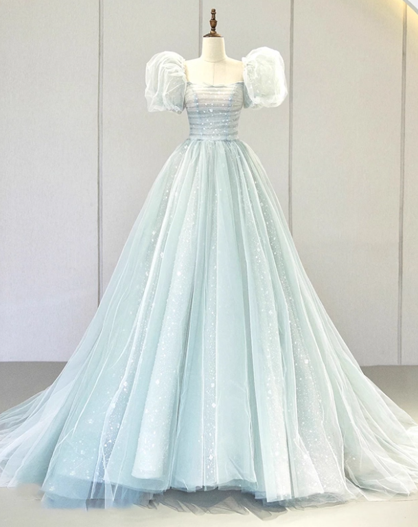 Newest Prom Dress Square Neck Tulle Pleated Ball Gown Evening Dress Birthday Outfits HZ0319